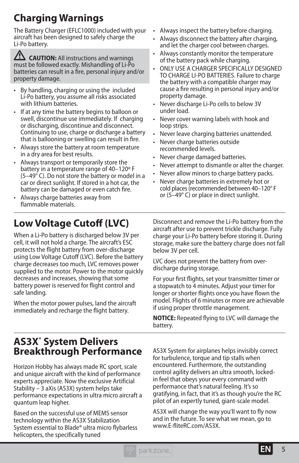 Low voltage cutoﬀ (lvc), Charging warnings as3x, System delivers breakthrough performance | ParkZone PKZU2480 User Manual | Page 5 / 22