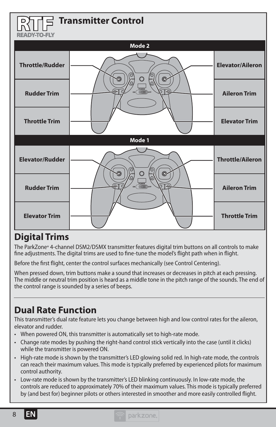 Transmitter control digital trims, Dual rate function | ParkZone PKZU2480 User Manual | Page 8 / 22
