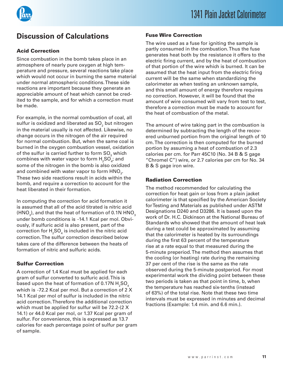 Discussion of calculations, Acid correction, Sulfur correction | Fuse wire correction, Radiation correction, 1341 plain jacket calorimeter | Parr Instrument 1341 User Manual | Page 11 / 16