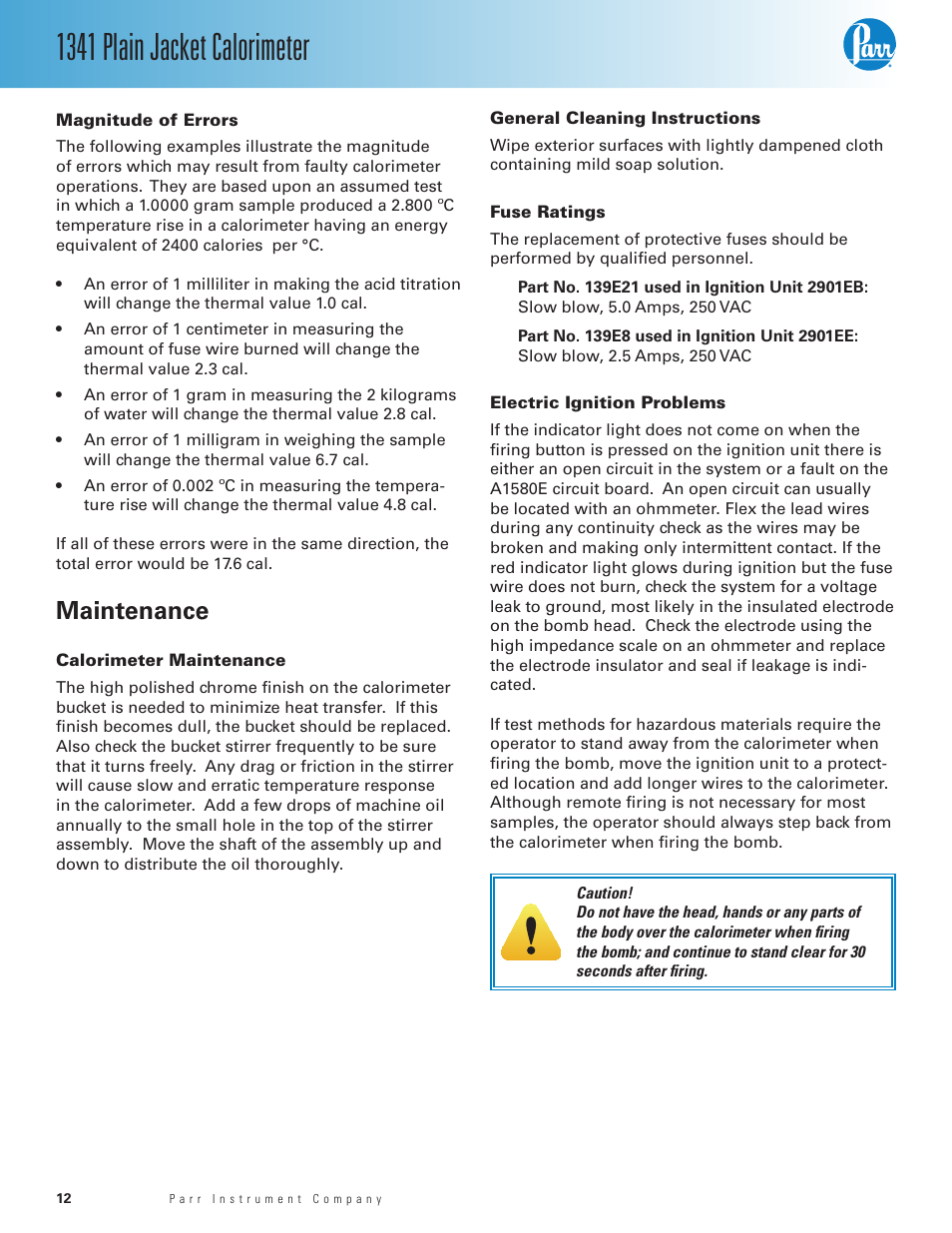 Magnitude of errors, Maintenance, Calorimeter maintenance | General cleaning instructions, Fuse ratings, Electric ignition problems, 1341 plain jacket calorimeter | Parr Instrument 1341 User Manual | Page 12 / 16