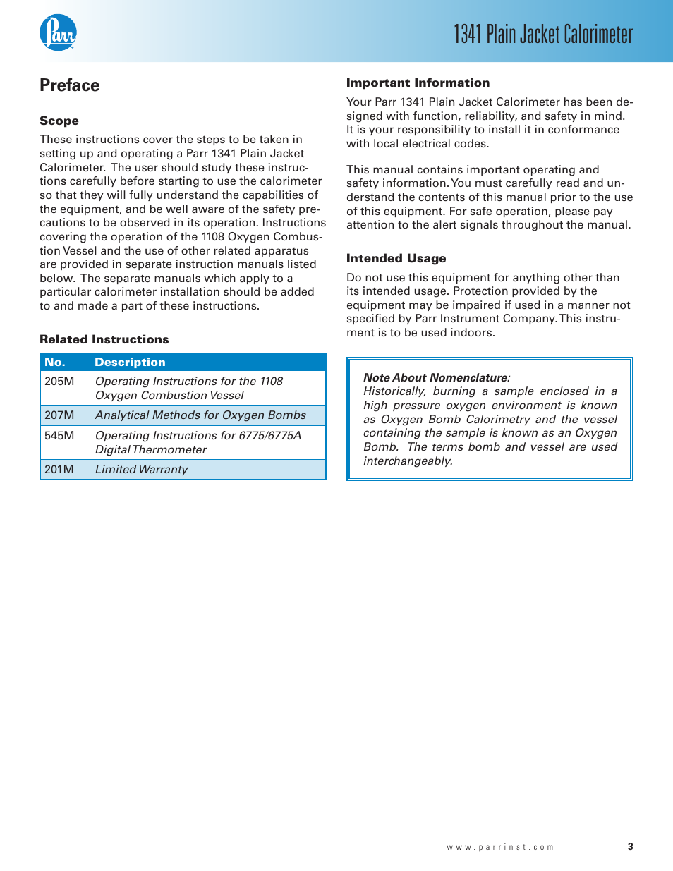 Preface, Scope, Related instructions | Important information, Intended usage, 1341 plain jacket calorimeter | Parr Instrument 1341 User Manual | Page 3 / 16