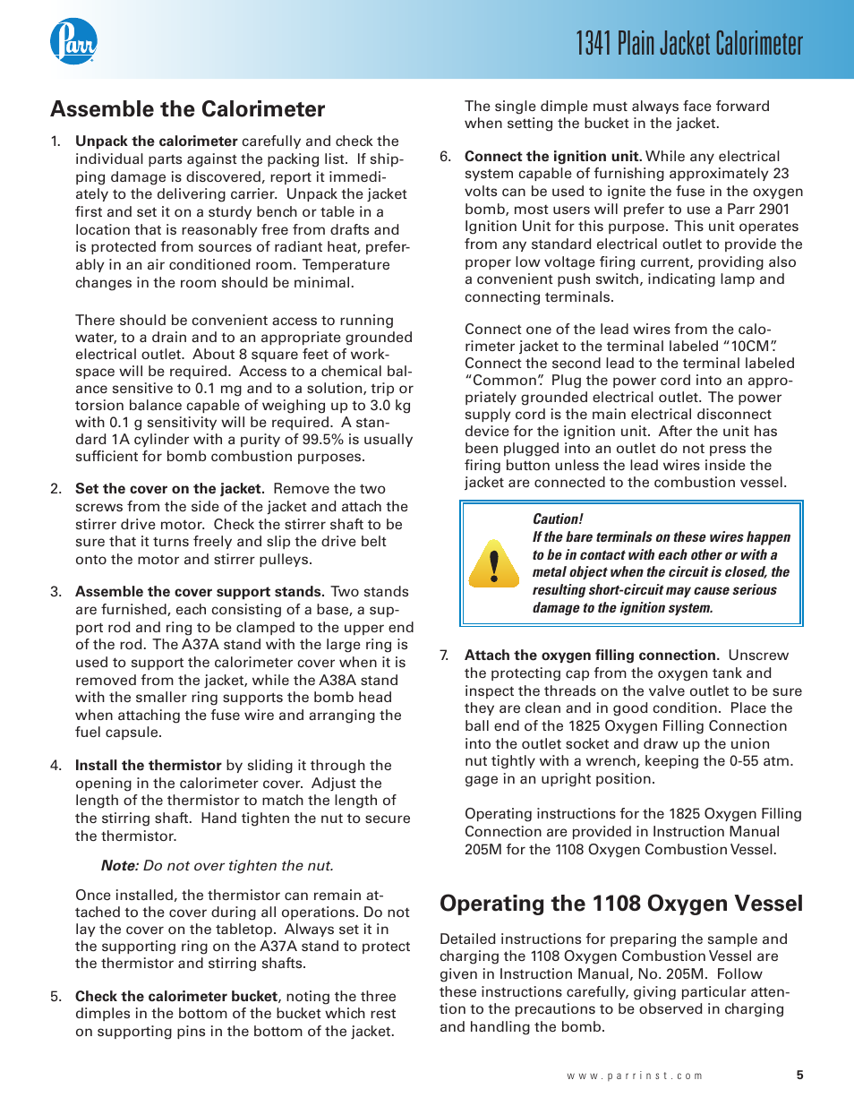 Assemble the calorimeter, Operating the 1108 oxygen vessel, 1341 plain jacket calorimeter | Parr Instrument 1341 User Manual | Page 5 / 16