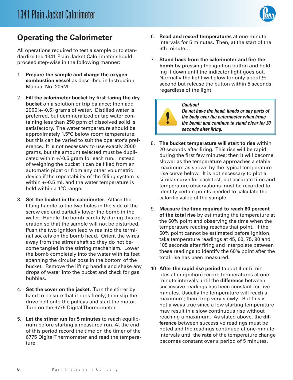 Operating the calorimeter, 1341 plain jacket calorimeter | Parr Instrument 1341 User Manual | Page 6 / 16