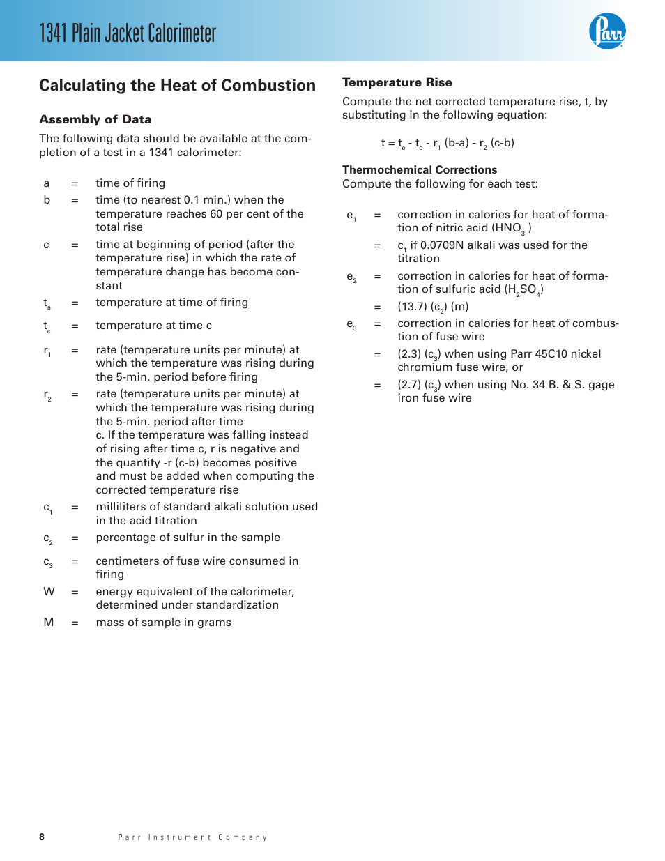 Calculating the heat of combustion, Assembly of data, Temperature rise | 1341 plain jacket calorimeter | Parr Instrument 1341 User Manual | Page 8 / 16
