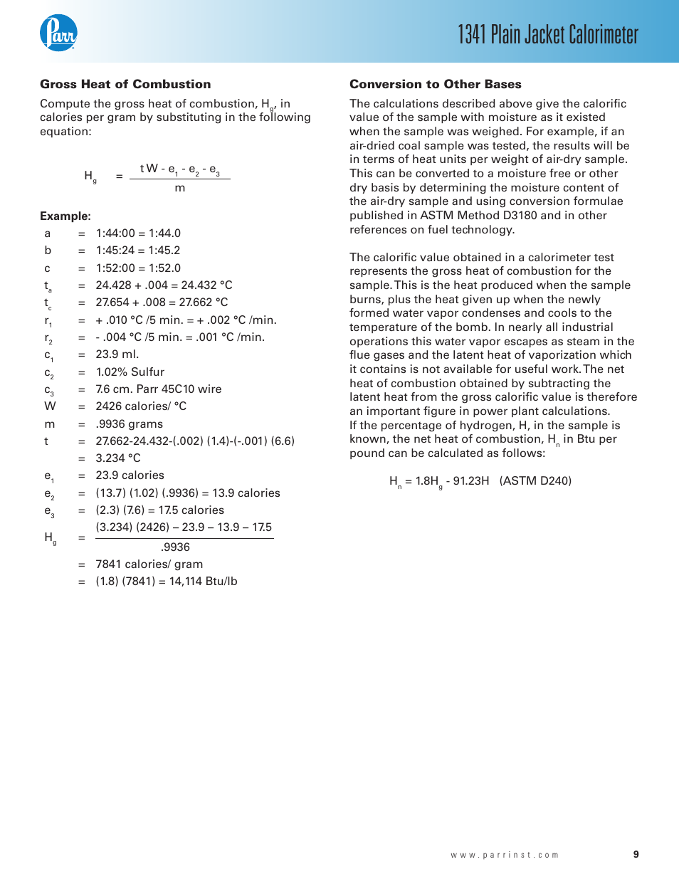 Gross heat of combustion, Conversion to other bases, 1341 plain jacket calorimeter | Parr Instrument 1341 User Manual | Page 9 / 16