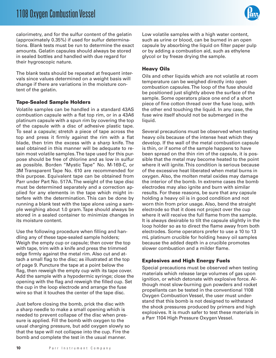 Tape-sealed sample holders, Heavy oils, Explosives and high energy fuels | 1108 oxygen combustion vessel | Parr Instrument 1108 User Manual | Page 10 / 20