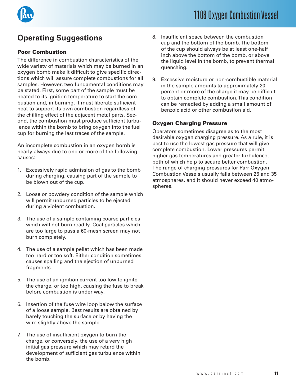 Operating suggestions, Poor combustion, Oxygen charging pressure | Poor combustion — 11 oxygen charging pressure — 11, 1108 oxygen combustion vessel | Parr Instrument 1108 User Manual | Page 11 / 20