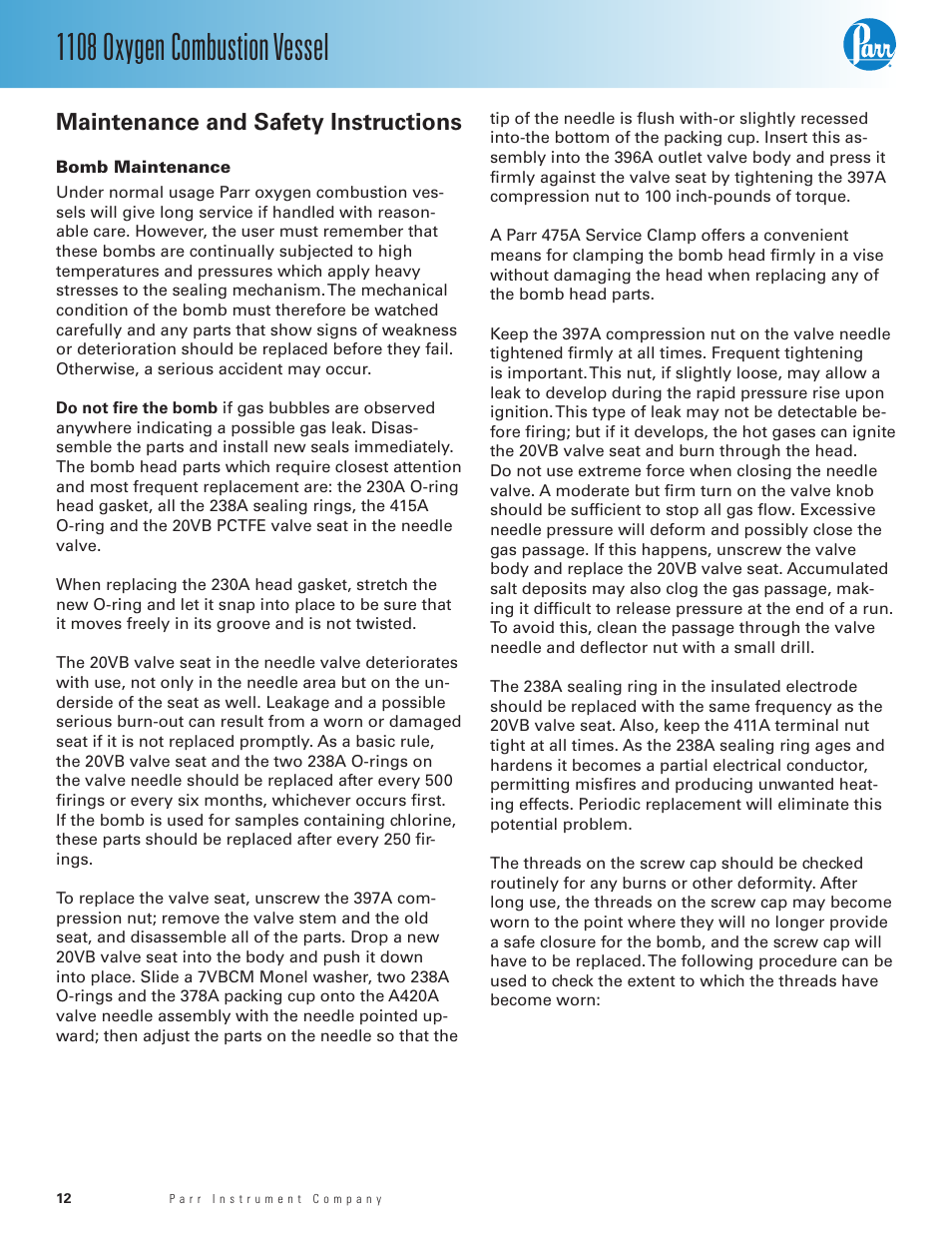 Maintenance and safety instructions, Vessel maintenance, Vessel maintenance — 12 | 1108 oxygen combustion vessel | Parr Instrument 1108 User Manual | Page 12 / 20
