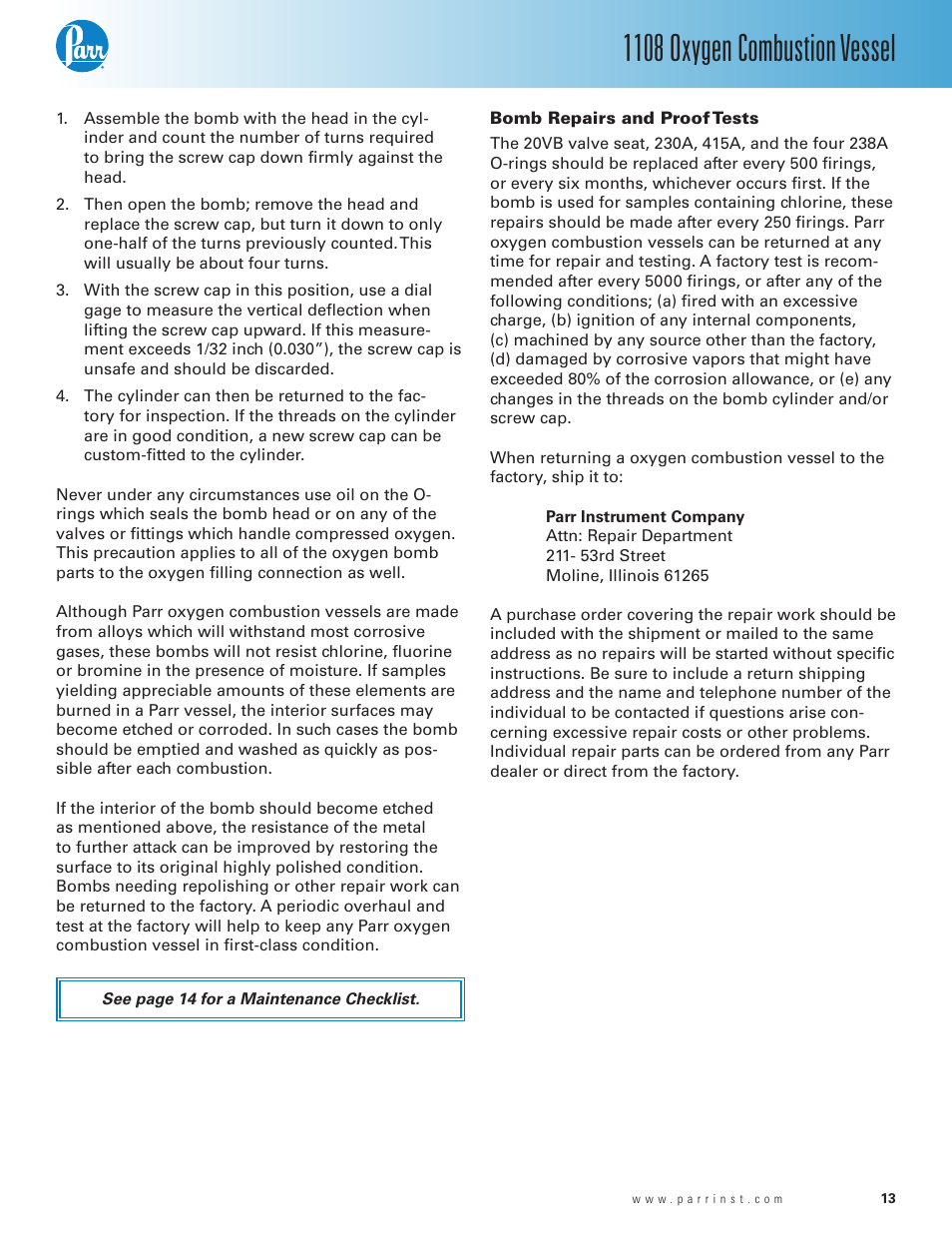 Vessel repairs and proof tests, Vessel repairs and proof tests — 13, 1108 oxygen combustion vessel | Parr Instrument 1108 User Manual | Page 13 / 20