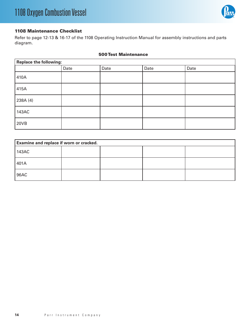 1108 maintenance checklist, 1108 maintenance checklist — 14, 1108 oxygen combustion vessel | Parr Instrument 1108 User Manual | Page 14 / 20
