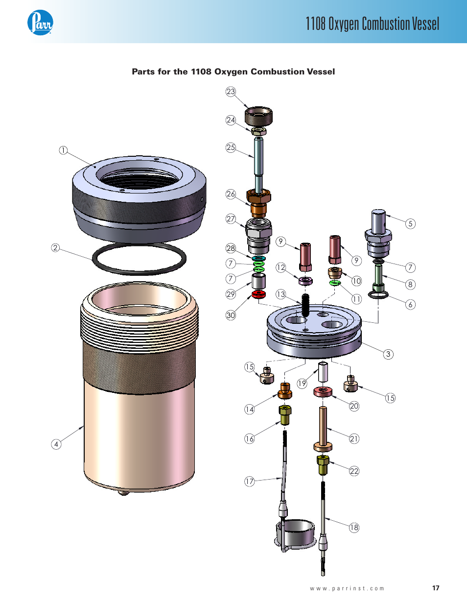 Parts for the 1108 oxygen combustion vessel, Parts for the 1108 oxygen combustion vessel — 17, 1108 oxygen combustion vessel | Key no. part no. description, Complete assemblies | Parr Instrument 1108 User Manual | Page 17 / 20