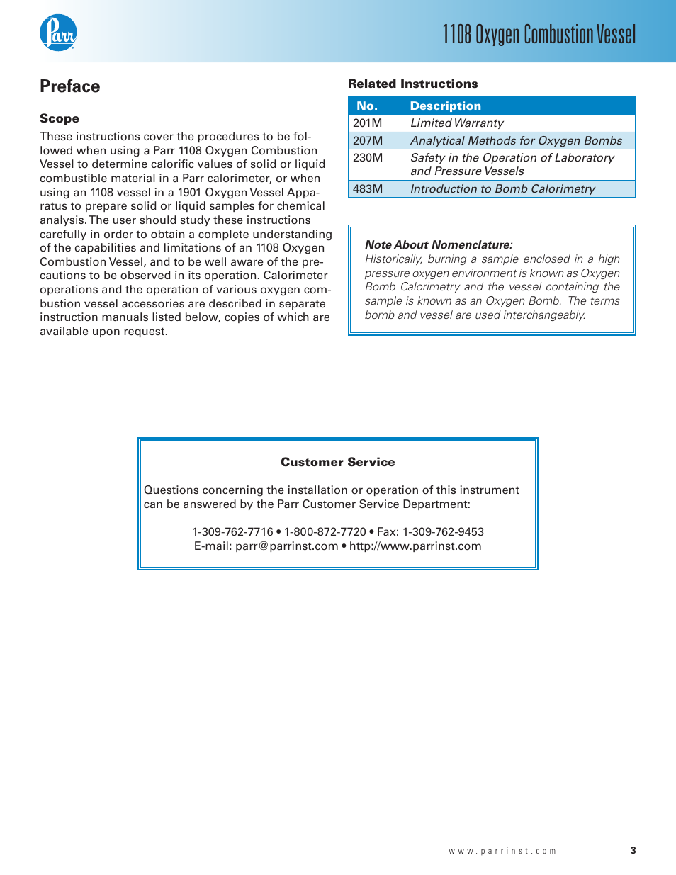 Preface, Scope, Related instructions | Scope — 3 related instructions — 3, 1108 oxygen combustion vessel | Parr Instrument 1108 User Manual | Page 3 / 20
