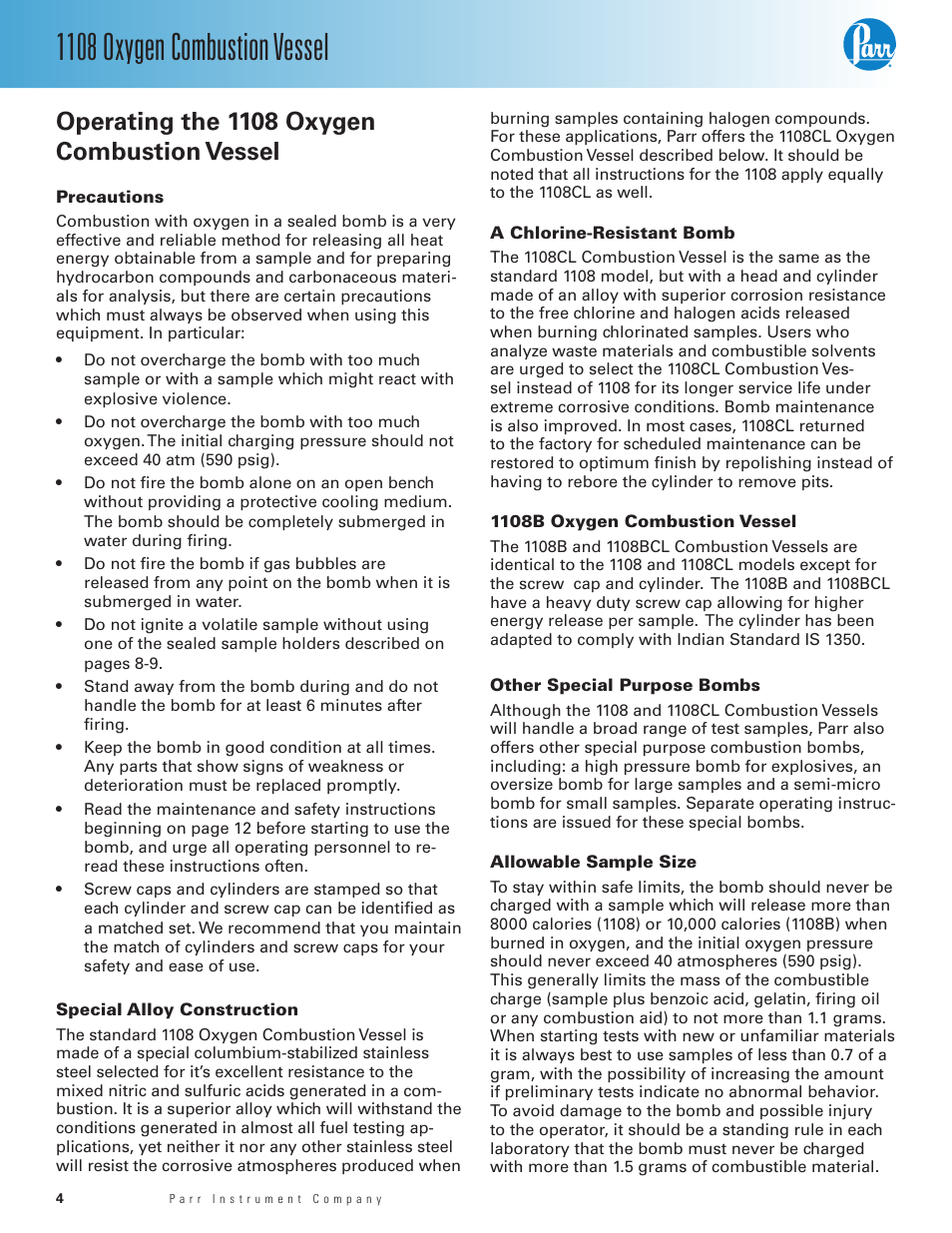 Operating the 1108 oxygen combustion vessel, Precautions, Special alloy construction | A chlorine-resistant bomb, 1108b oxygen combustion vessel, Other special purpose bombs, Allowable sample size, 1108 oxygen combustion vessel | Parr Instrument 1108 User Manual | Page 4 / 20