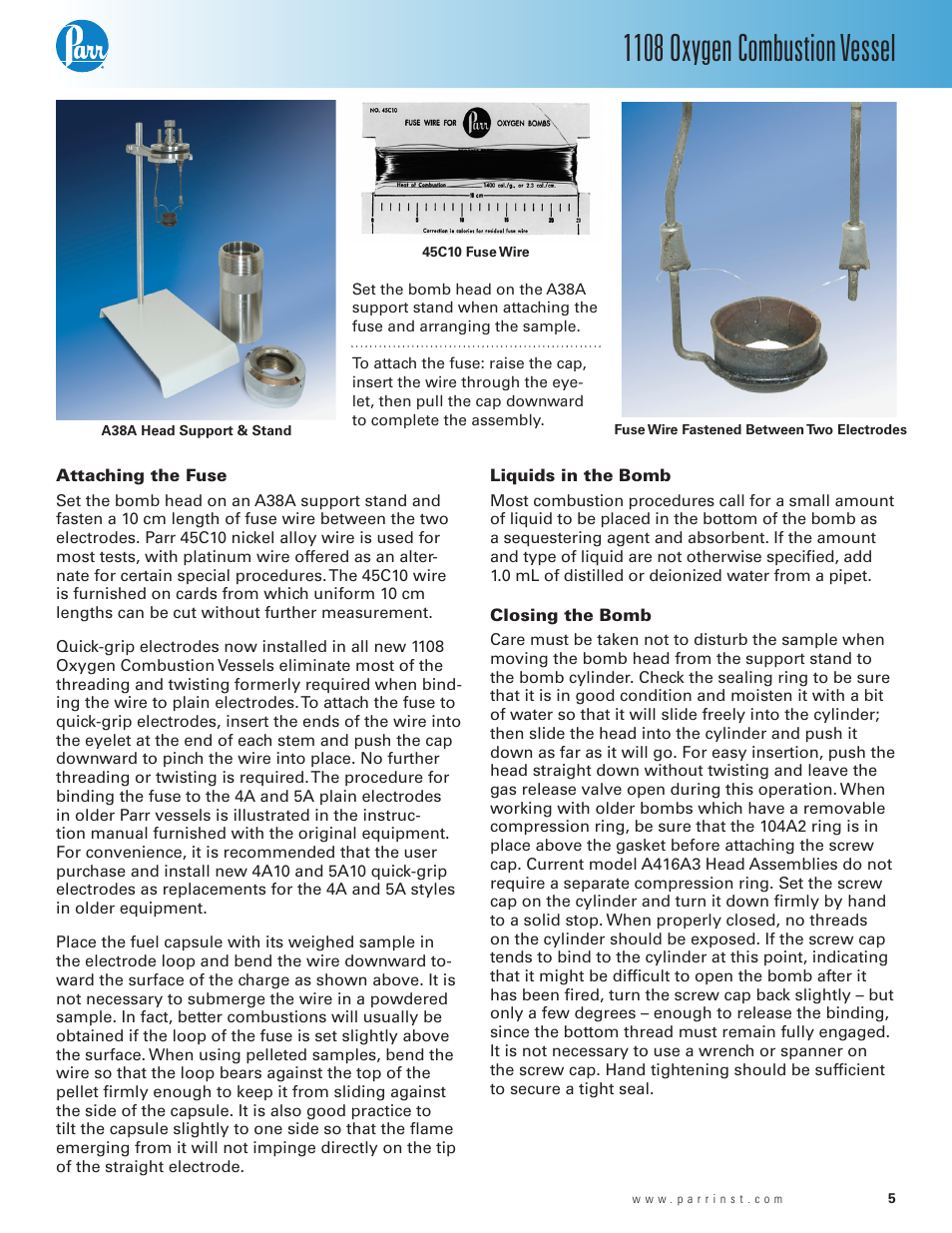 Attaching the fuse, Liquids in the bomb, Closing the bomb | 1108 oxygen combustion vessel | Parr Instrument 1108 User Manual | Page 5 / 20