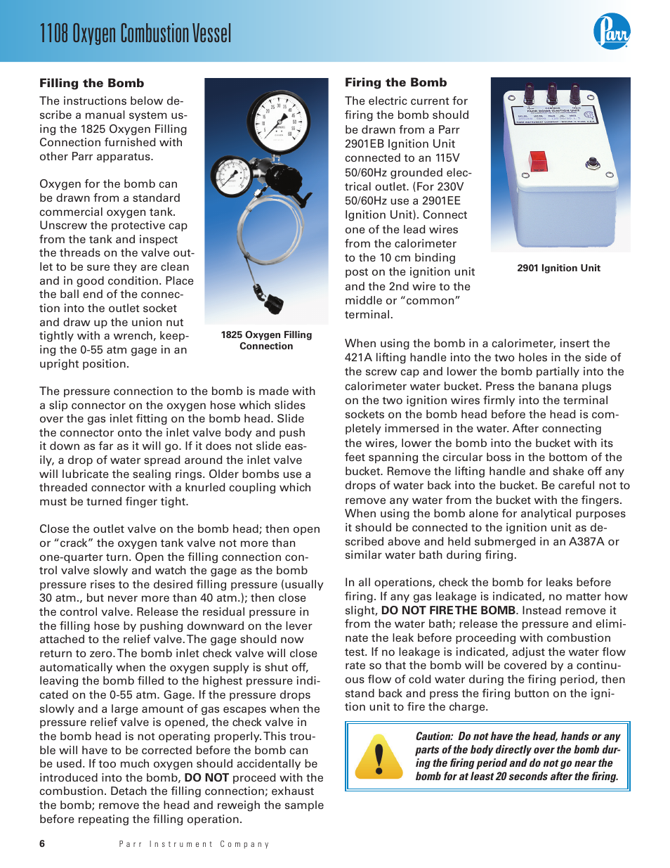 Filling the bomb, Firing the bomb, Filling the bomb — 6 firing the bomb | 1108 oxygen combustion vessel | Parr Instrument 1108 User Manual | Page 6 / 20