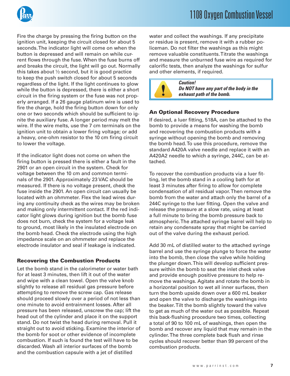 Recovering the combustion products, An optional recovery procedure, 1108 oxygen combustion vessel | Parr Instrument 1108 User Manual | Page 7 / 20