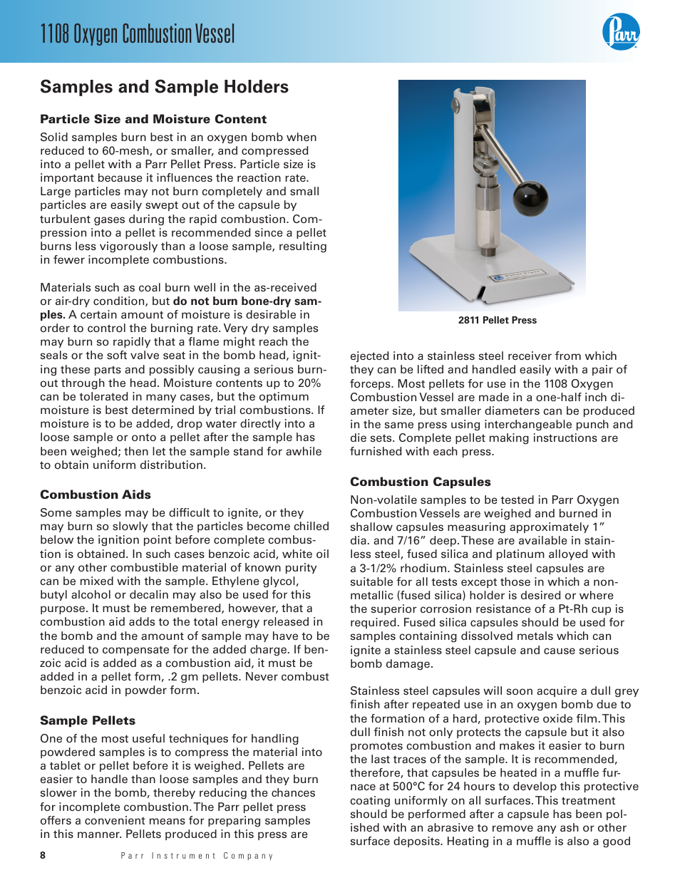 Samples and sample holders, Particle size and moisture content, Combustion aids | Sample pellets, Combustion capsules, 1108 oxygen combustion vessel | Parr Instrument 1108 User Manual | Page 8 / 20