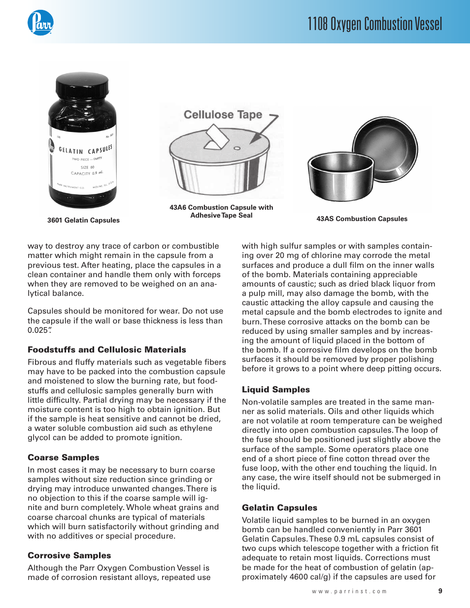 Foodstuffs and cellulosic materials, Coarse samples, Corrosive samples | Liquid samples, Gelatin capsules, 1108 oxygen combustion vessel | Parr Instrument 1108 User Manual | Page 9 / 20