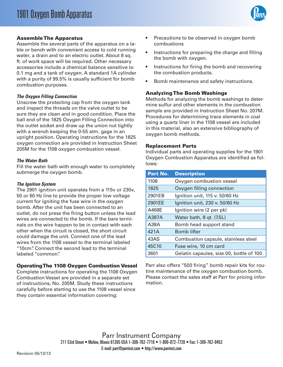 Assemble the apparatus, The oxygen filling connection, The water bath | The ignition system, Operating the 1108 oxygen combustion vessel, Analyzing the bomb washings, Replacement parts, Contact info, 1901 oxygen bomb apparatus, Nstrument | Parr Instrument 1901 User Manual | Page 2 / 2