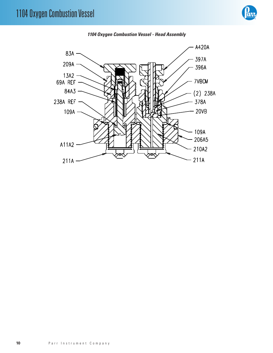 1104 oxygen combustion vessel - head assembly — 10, 1104 oxygen combustion vessel | Parr Instrument 1104 User Manual | Page 10 / 12