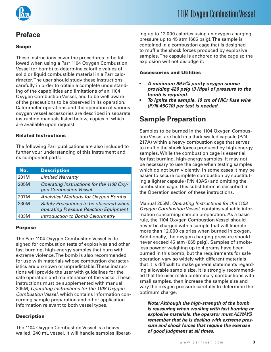 Preface, Sample preparation, 1104 oxygen combustion vessel | Parr Instrument 1104 User Manual | Page 3 / 12