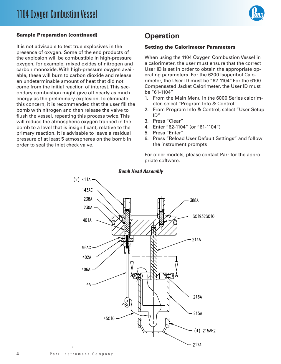 Operation, Setting the calorimeter parameters — 4, 1104 oxygen combustion vessel | Parr Instrument 1104 User Manual | Page 4 / 12