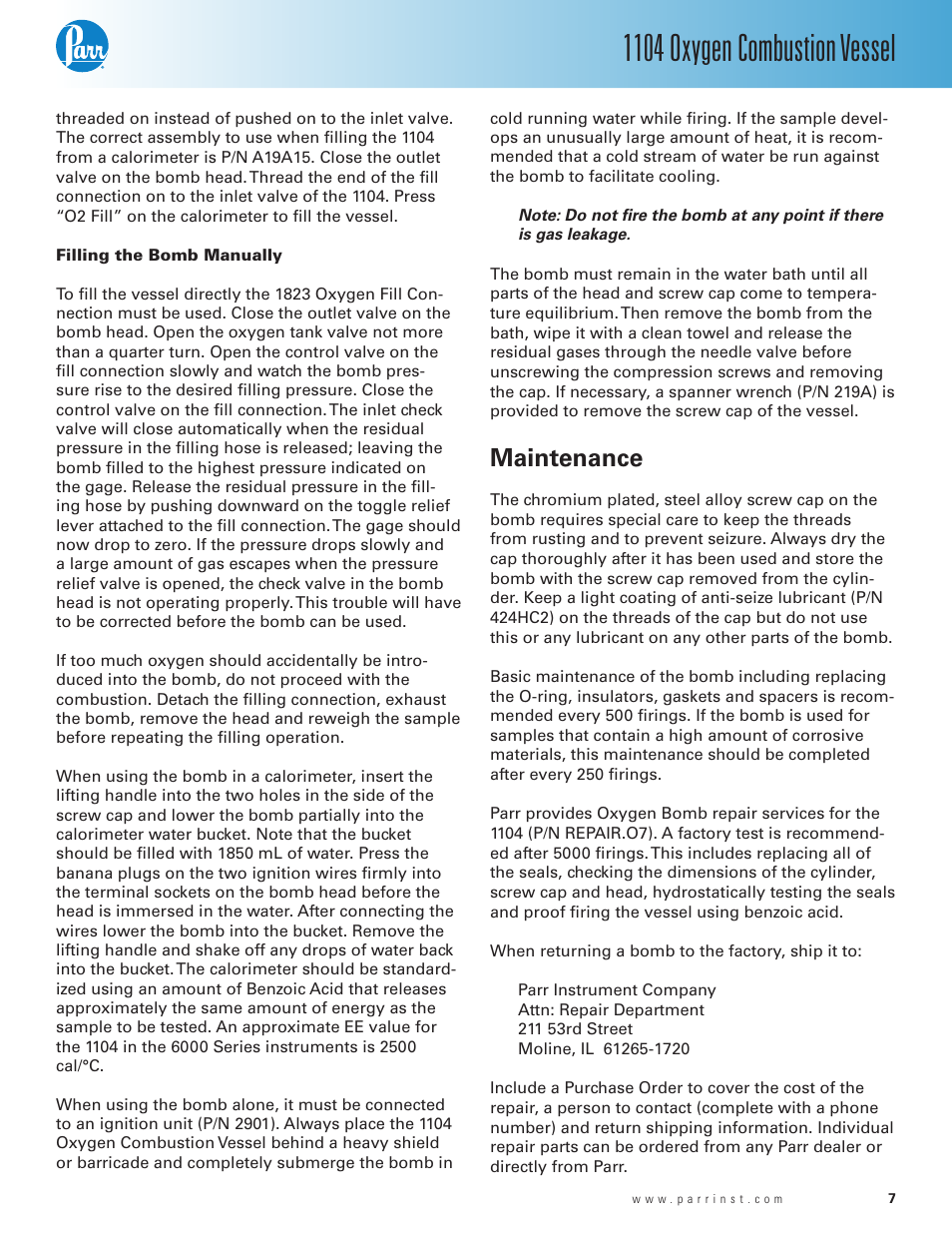 Filling the bomb manually — 7, Maintenance, 1104 oxygen combustion vessel | Parr Instrument 1104 User Manual | Page 7 / 12