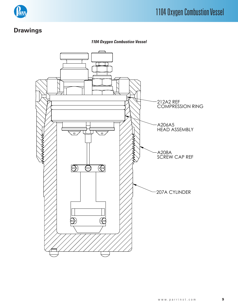 Drawings, 1104 oxygen combustion vessel — 9, 1104 oxygen combustion vessel | Parr instrument co, 1/x .... ±1/64 | Parr Instrument 1104 User Manual | Page 9 / 12