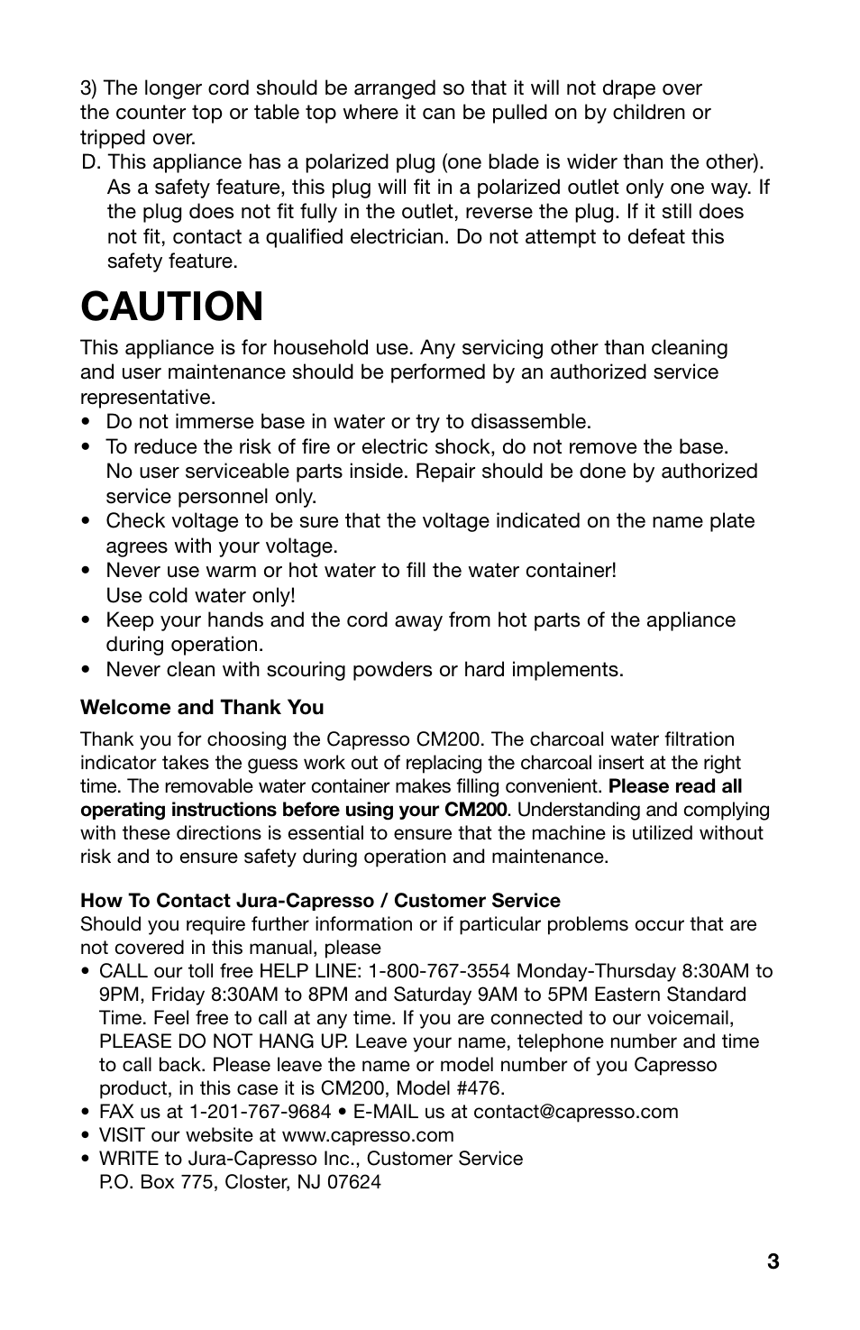 Caution | Capresso 476 User Manual | Page 3 / 11