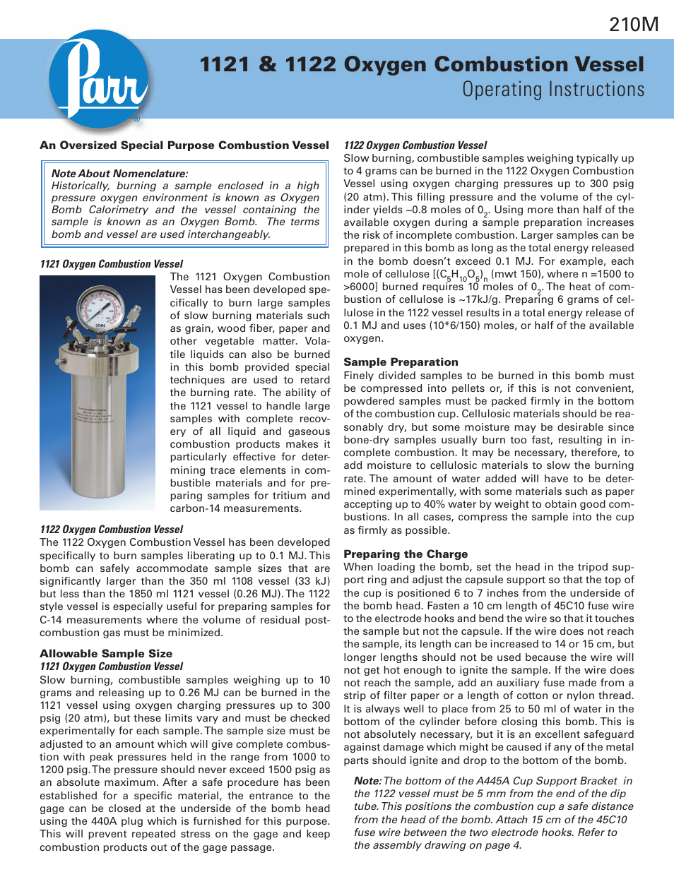 Parr Instrument 1122 User Manual | 4 pages