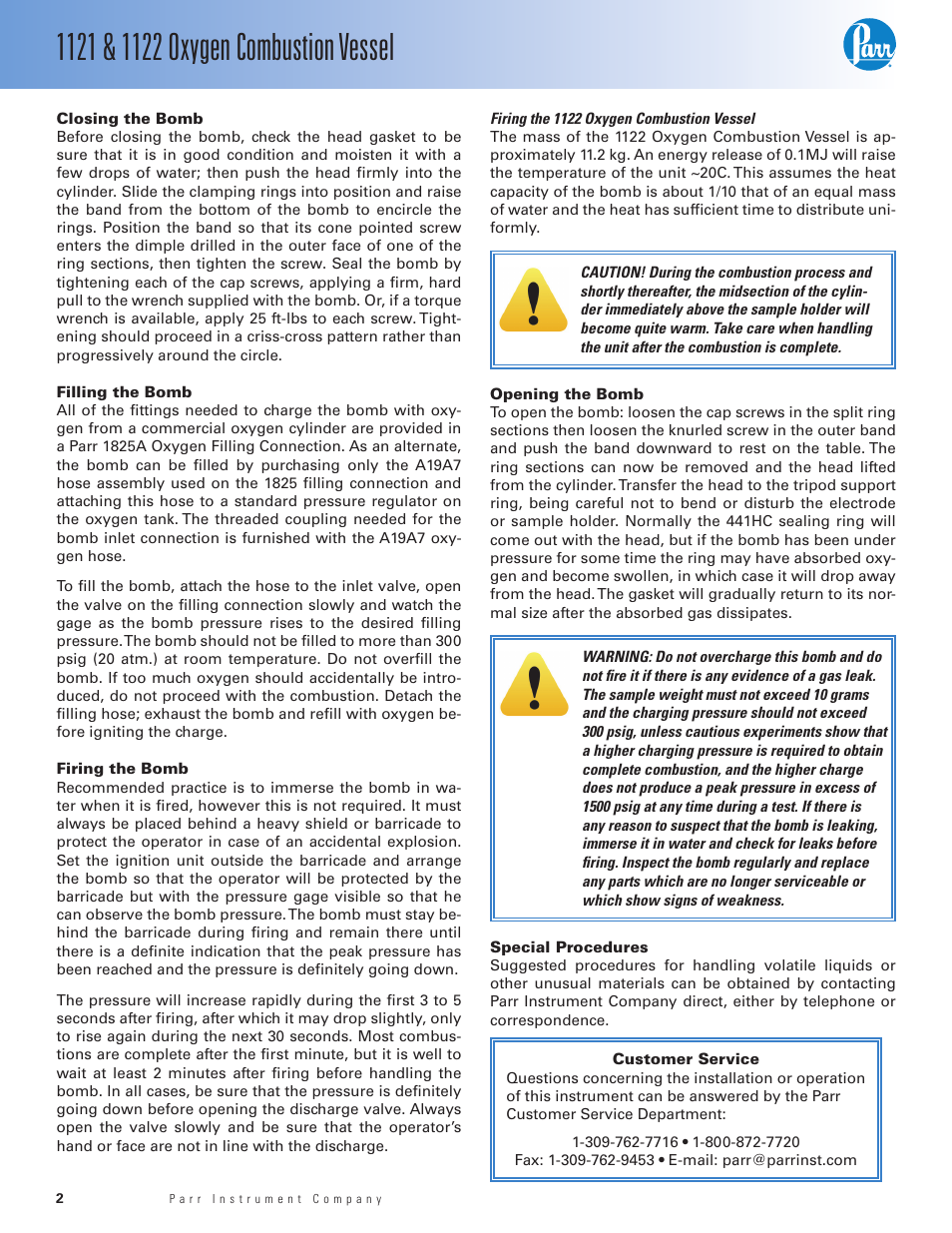 Closing the bomb, Filling the bomb, Firing the bomb | Firing the 1122 oxygen combustion vessel, Opening the bomb, Special procedures, Customer service | Parr Instrument 1122 User Manual | Page 2 / 4