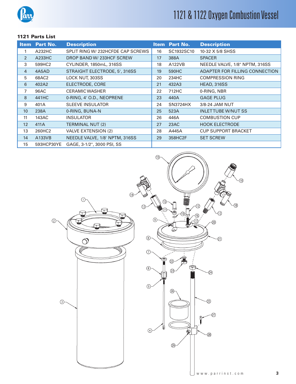 1121 parts list | Parr Instrument 1122 User Manual | Page 3 / 4