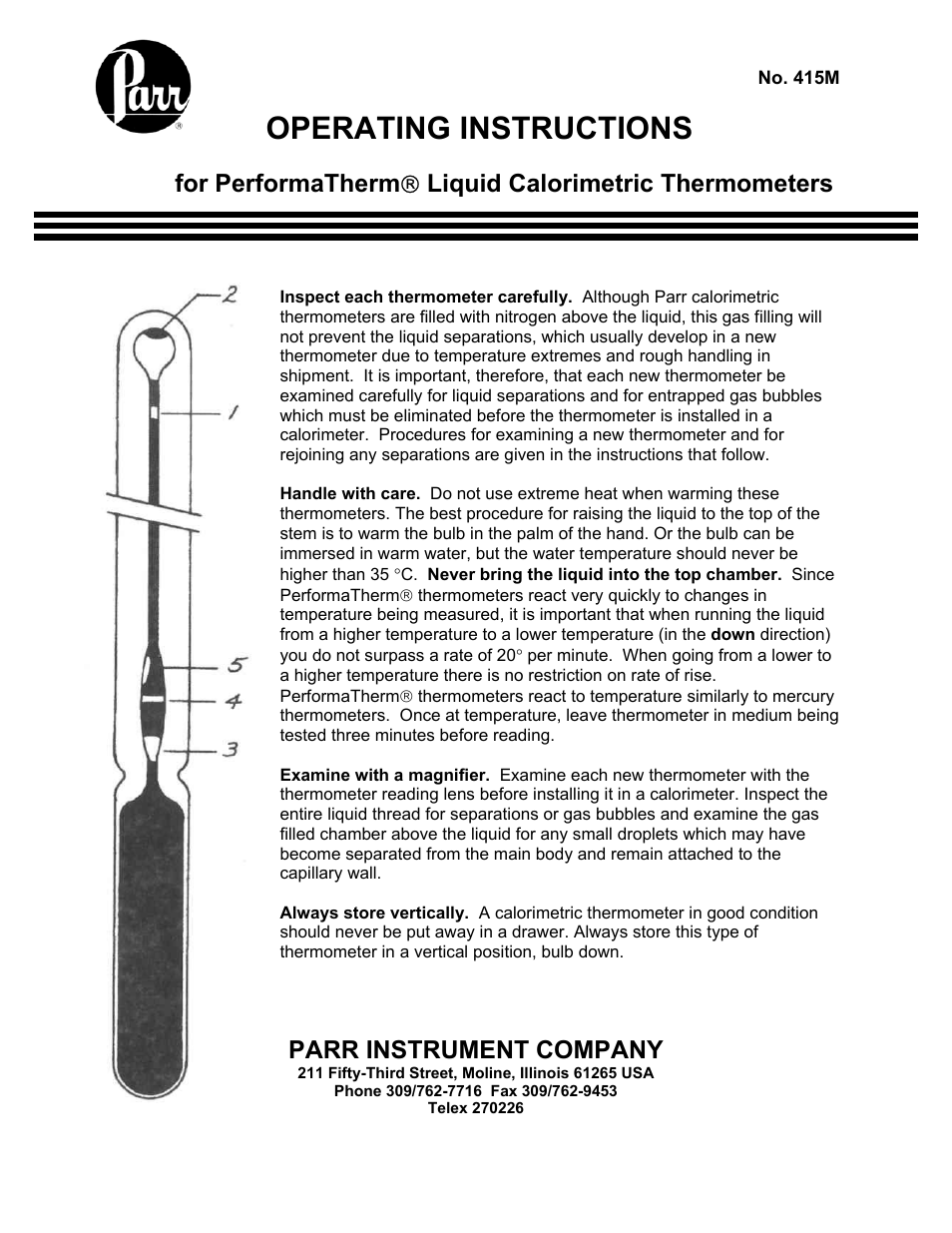 Parr Instrument Performa Therm Liquid Calorimetric Thermometers User Manual | 2 pages