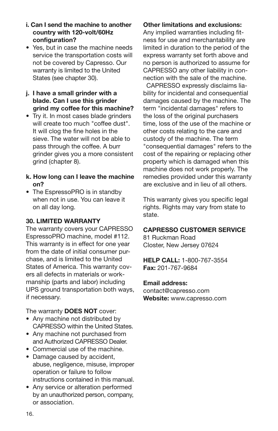 Capresso 112 User Manual | Page 16 / 18