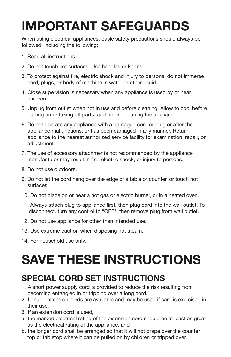 Important safeguards, Save these instructions, Special cord set instructions | Capresso 112 User Manual | Page 2 / 18