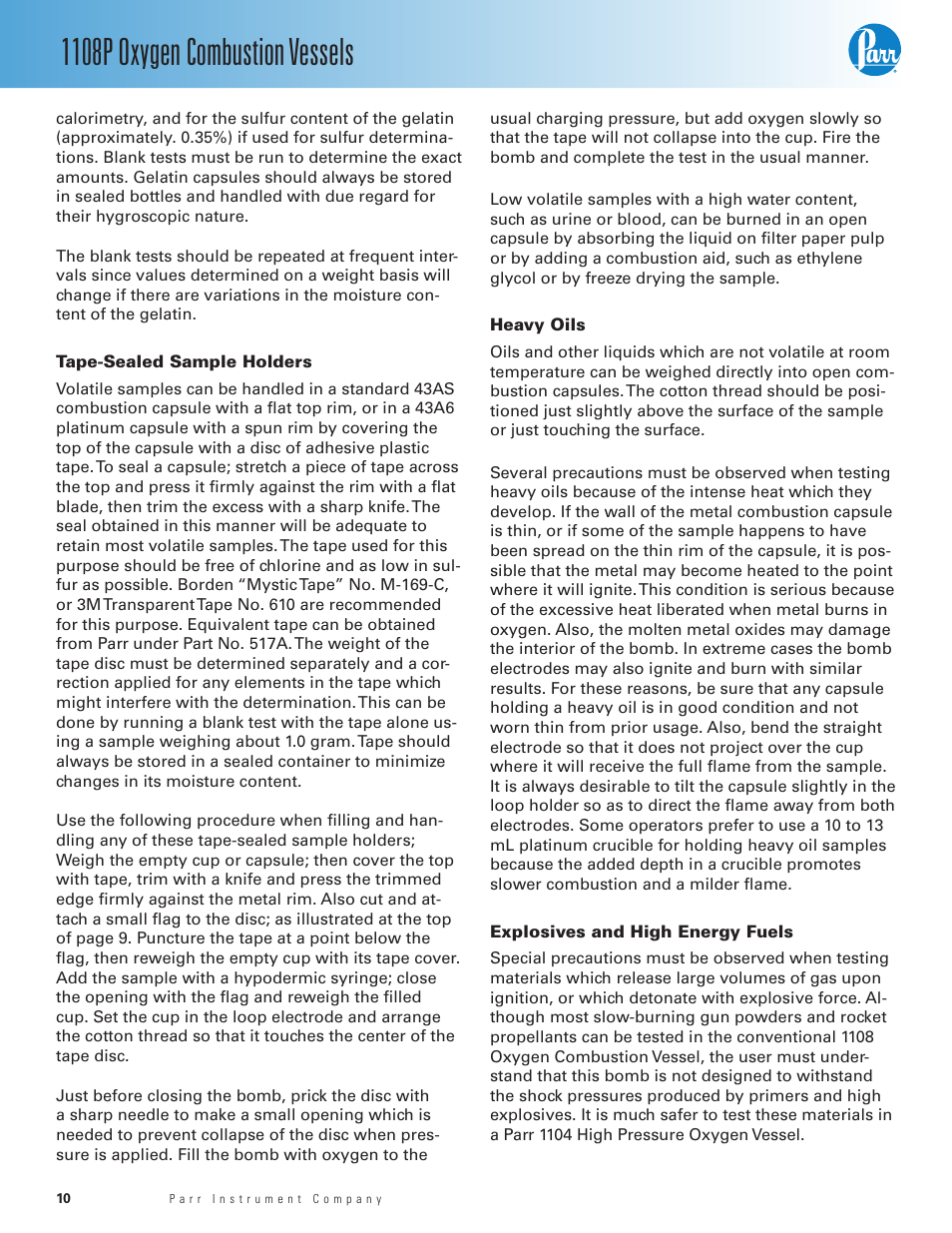 Tape-sealed sample holders, Heavy oils, Explosives and high energy fuels | 1108p oxygen combustion vessels | Parr Instrument 1108P User Manual | Page 10 / 20