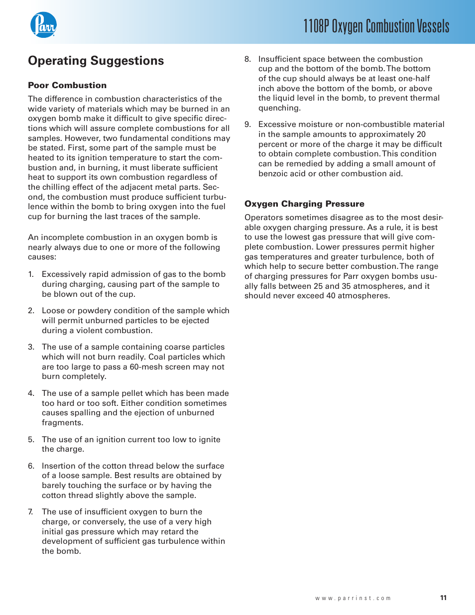 Operating suggestions, Poor combustion, Oxygen charging pressure | 1108p oxygen combustion vessels | Parr Instrument 1108P User Manual | Page 11 / 20