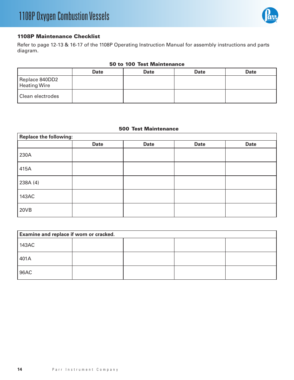 1108p maintenance checklist, 1108p oxygen combustion vessels | Parr Instrument 1108P User Manual | Page 14 / 20