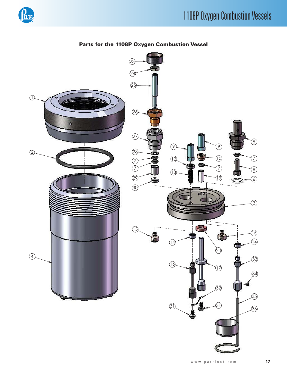 Parts for the 1108p oxygen combustion vessel, 1108p oxygen combustion vessels | Parr Instrument 1108P User Manual | Page 17 / 20