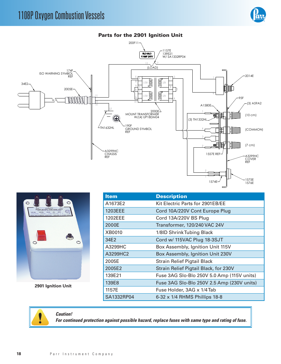 Parts for the 2901 ignition unit, 1108p oxygen combustion vessels, Item description | Parr Instrument 1108P User Manual | Page 18 / 20