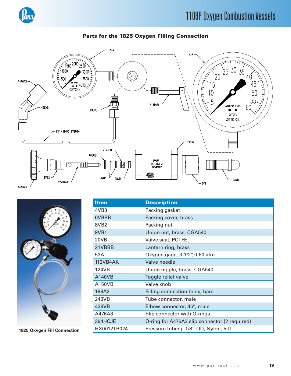 Parts for the 1825 oxygen filling connection, 1108p oxygen combustion vessels | Parr Instrument 1108P User Manual | Page 19 / 20