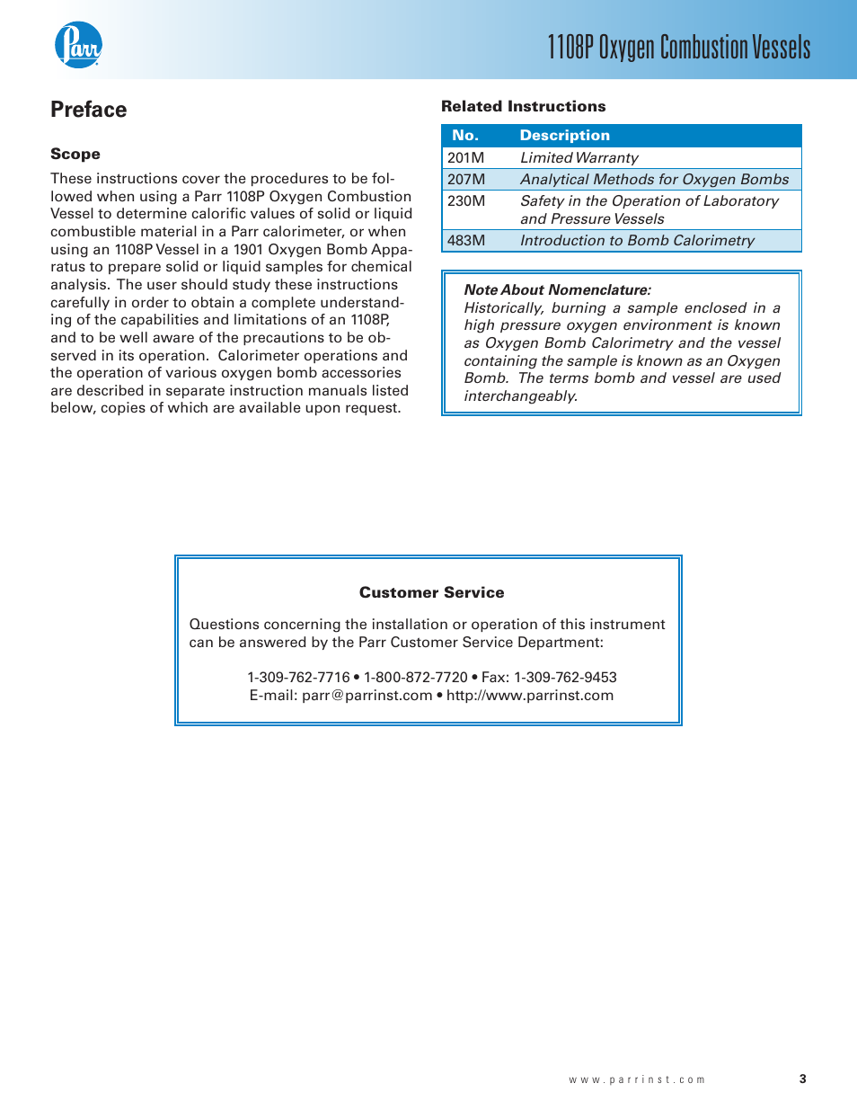Preface, Scope, Related instructions | Customer service, 1108p oxygen combustion vessels | Parr Instrument 1108P User Manual | Page 3 / 20