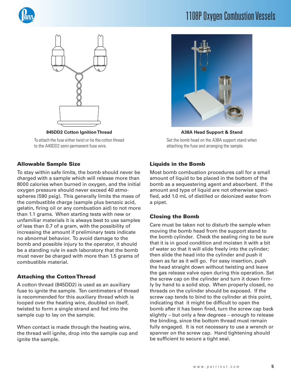 Allowable sample size, Attaching the cotton thread, Liquids in the bomb | Closing the bomb, 1108p oxygen combustion vessels | Parr Instrument 1108P User Manual | Page 5 / 20