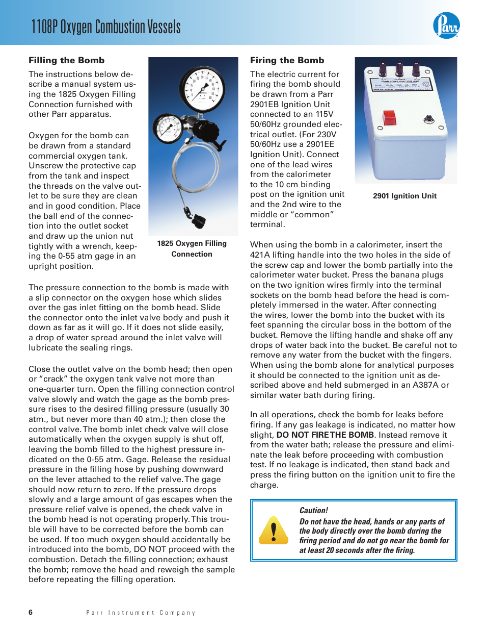 Filling the bomb, Firing the bomb, 1108p oxygen combustion vessels | Parr Instrument 1108P User Manual | Page 6 / 20