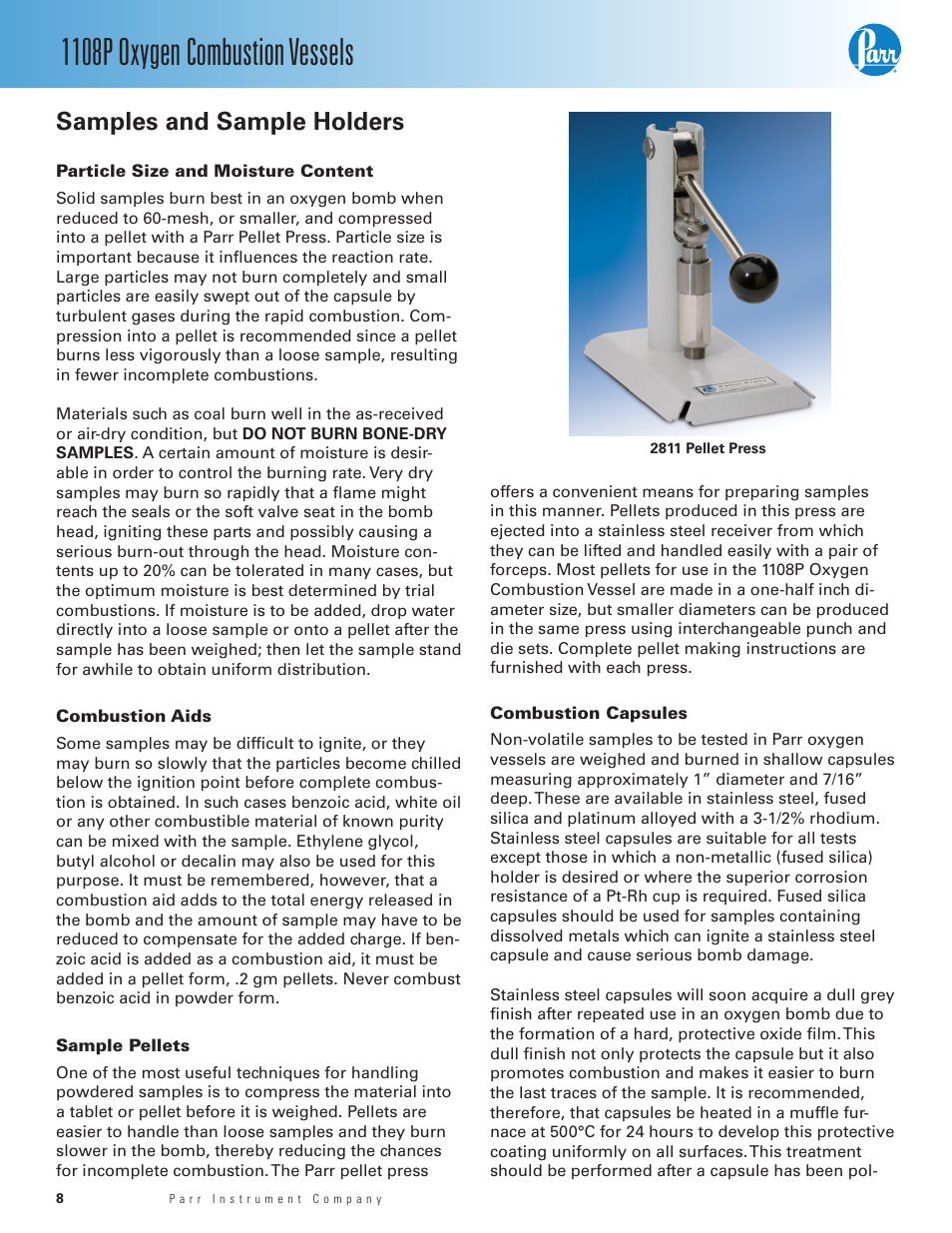 Samples and sample holders, Particle size and moisture content, Combustion aids | Sample pellets, Combustion capsules, 1108p oxygen combustion vessels | Parr Instrument 1108P User Manual | Page 8 / 20