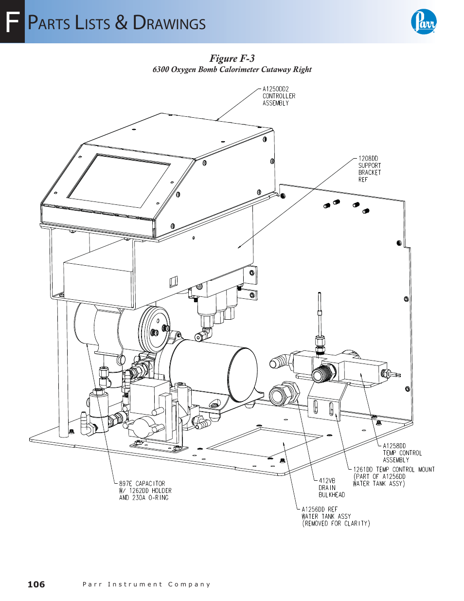 Figure f-3, 6300 oxygen bomb calorimeter cutaway right — 106 | Parr Instrument 6300 User Manual | Page 106 / 130