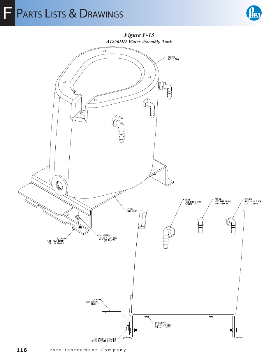 Figure f-13, A1256dd water assembly tank — 116 | Parr Instrument 6300 User Manual | Page 116 / 130