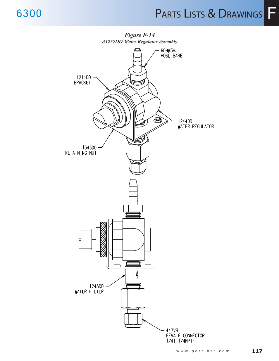 Figure f-14, A1257dd water regulator assembly — 117 | Parr Instrument 6300 User Manual | Page 117 / 130