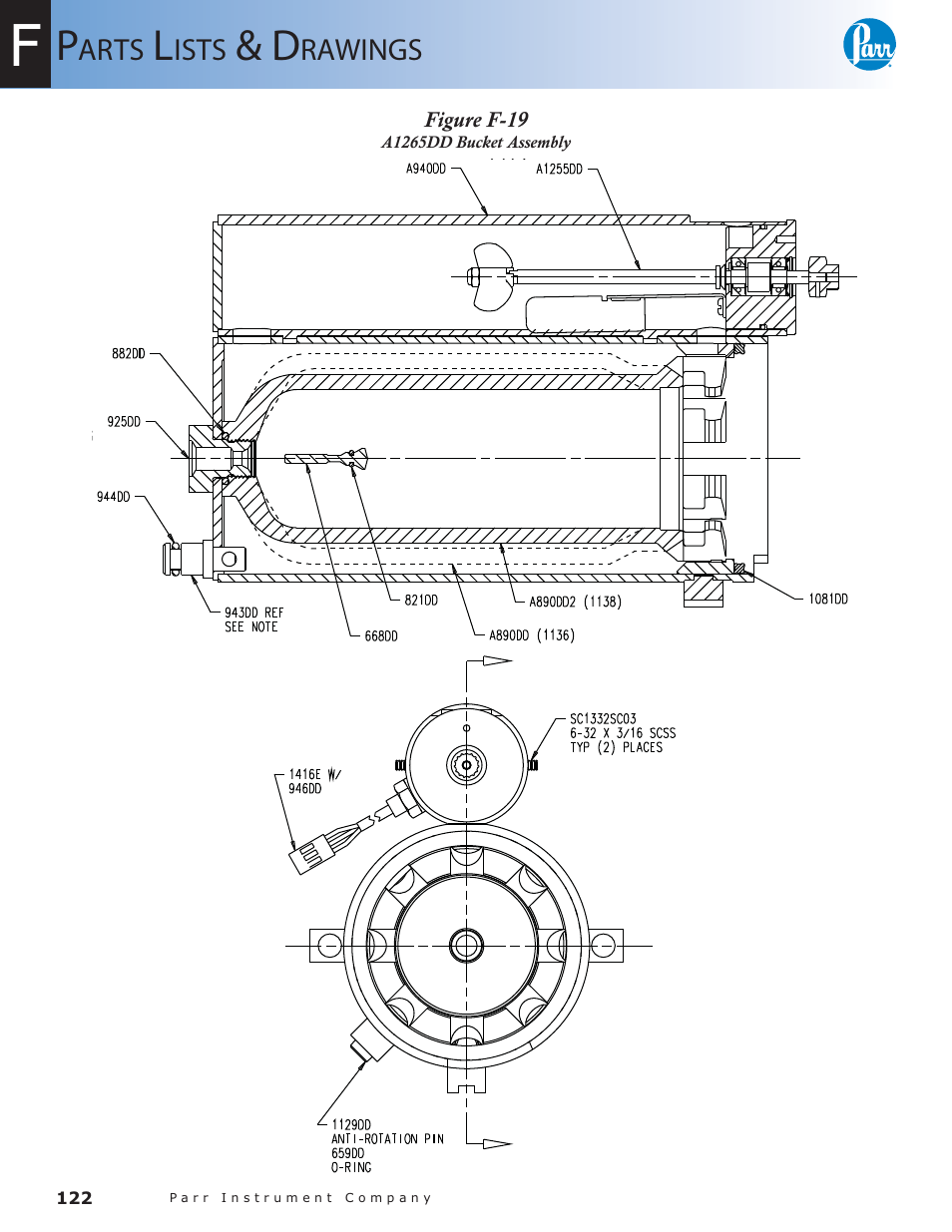 Figure f-19, A1265dd bucket assembly — 122 | Parr Instrument 6300 User Manual | Page 122 / 130