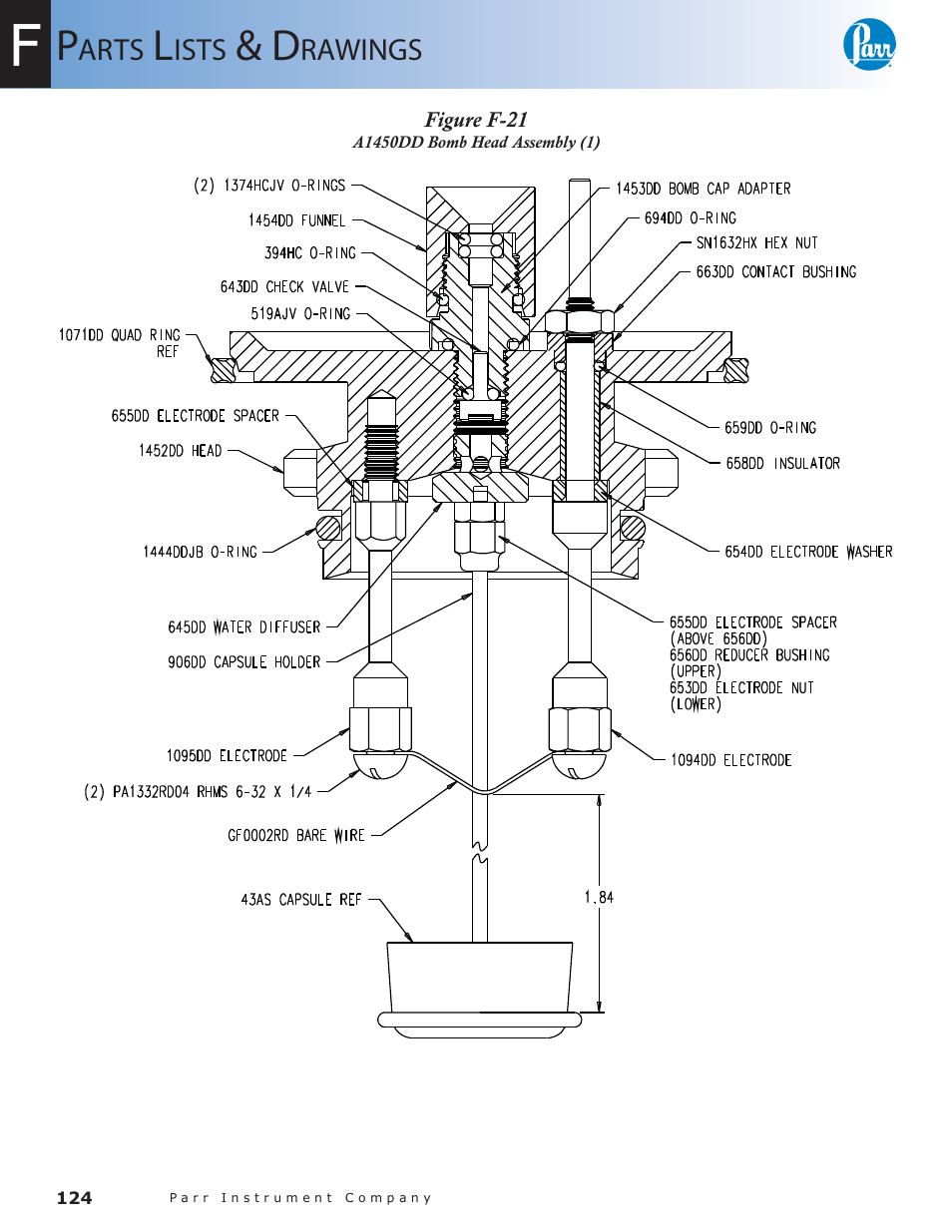 Figure f-21, A1450dd bomb head assembly (1) — 124 | Parr Instrument 6300 User Manual | Page 124 / 130